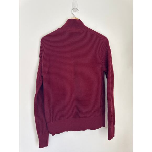 Theory Ribbed Wool Mock Neck Sweater in Burgundy, Size Small - Picture 6 of 7